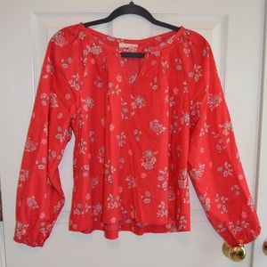 Red and White Floral Keyhole Neck Top
